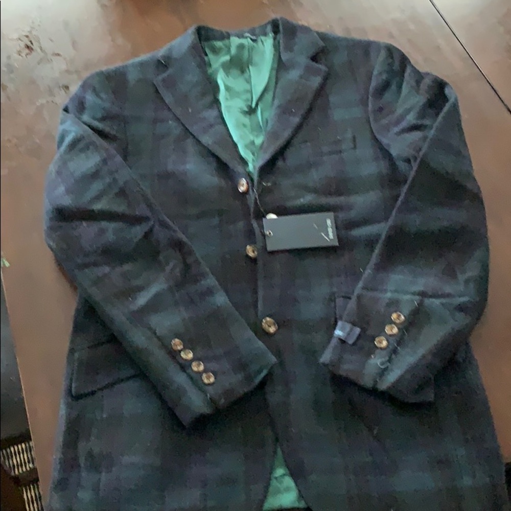 David chu blue and green plaid blazer